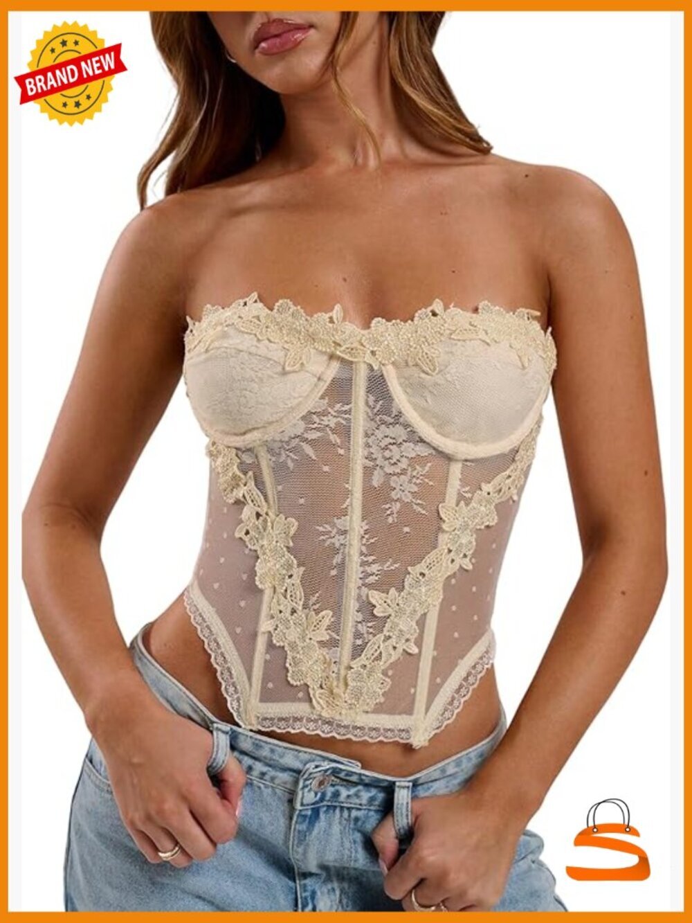 Strapless Lace Mesh Tube Top Corset Crop Top Party Club Wear